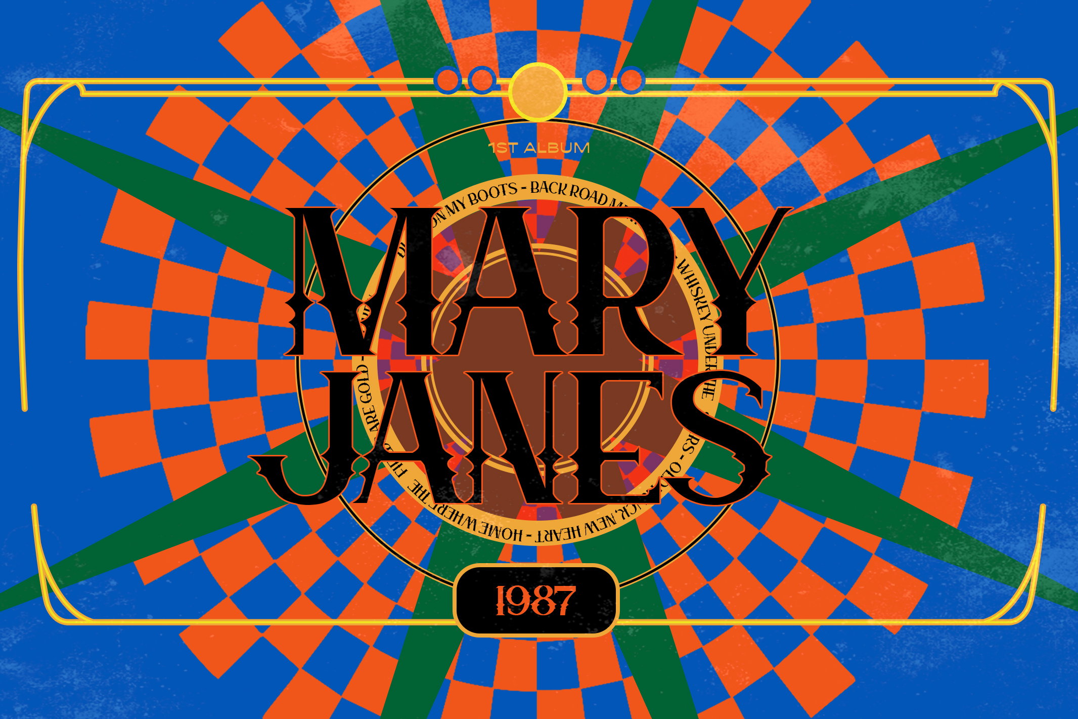 Retro 70s album cover design with bold geometric patterns, checkerboard, orange green blue colorway