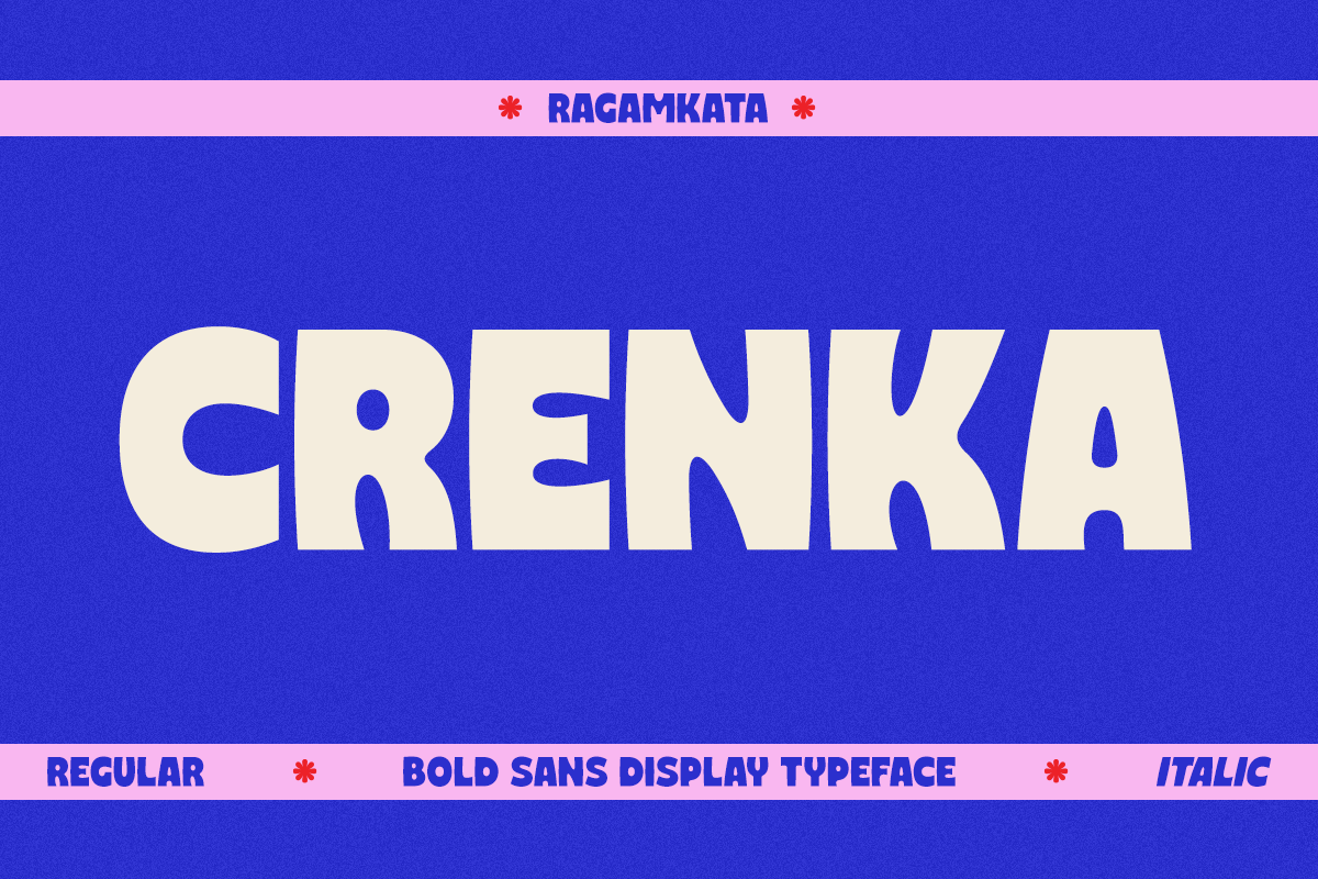 Bold sans serif typeface with regular, italic, bold weights on vibrant blue background