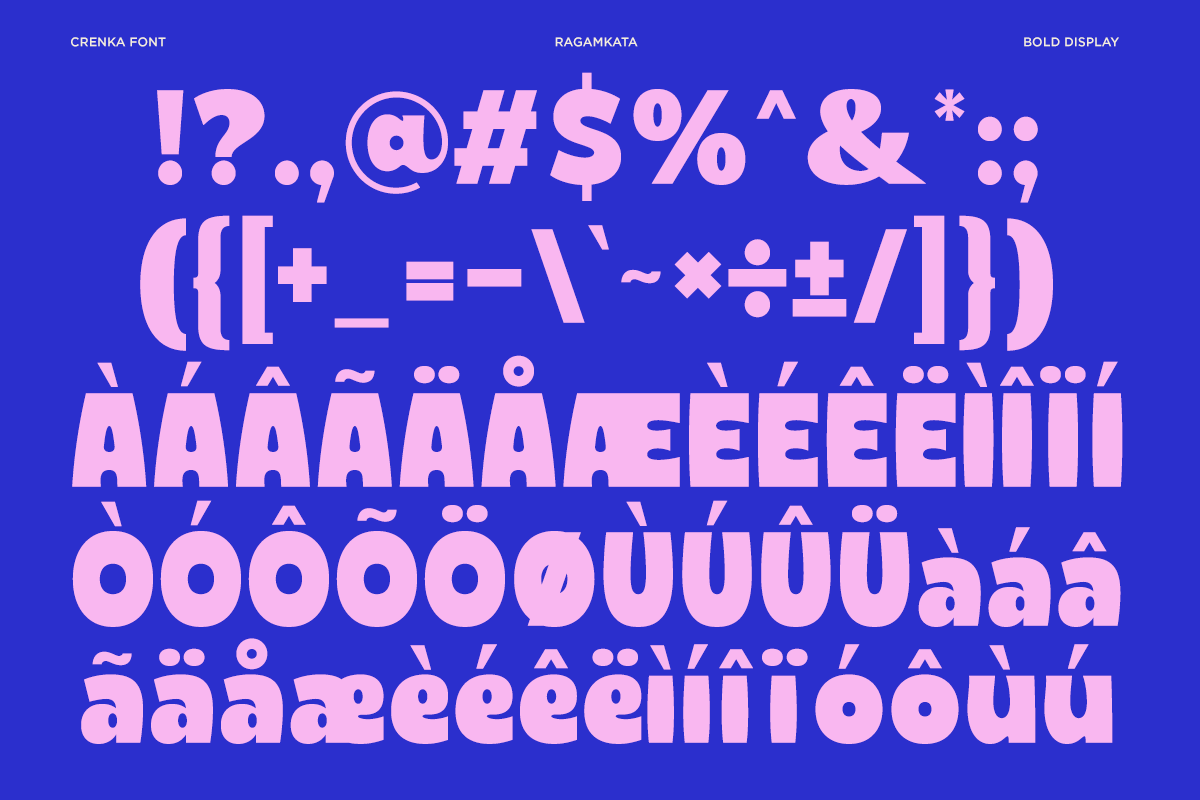 Bold pink typeface showing full character set with symbols on vibrant blue background