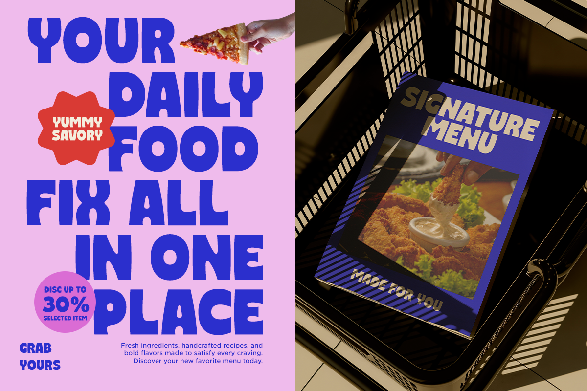 Left: Bold blue typography on pink with food imagery, red badge, discount sticker. Right: Restaurant menu mockup in basket with fried chicken photo, blue frame, gold text.