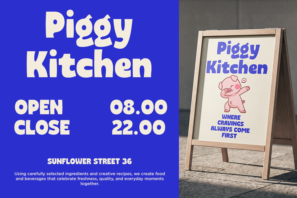 Piggy Kitchen retro sandwich board mockup with bold blue design, cute pig illustration, opening hours