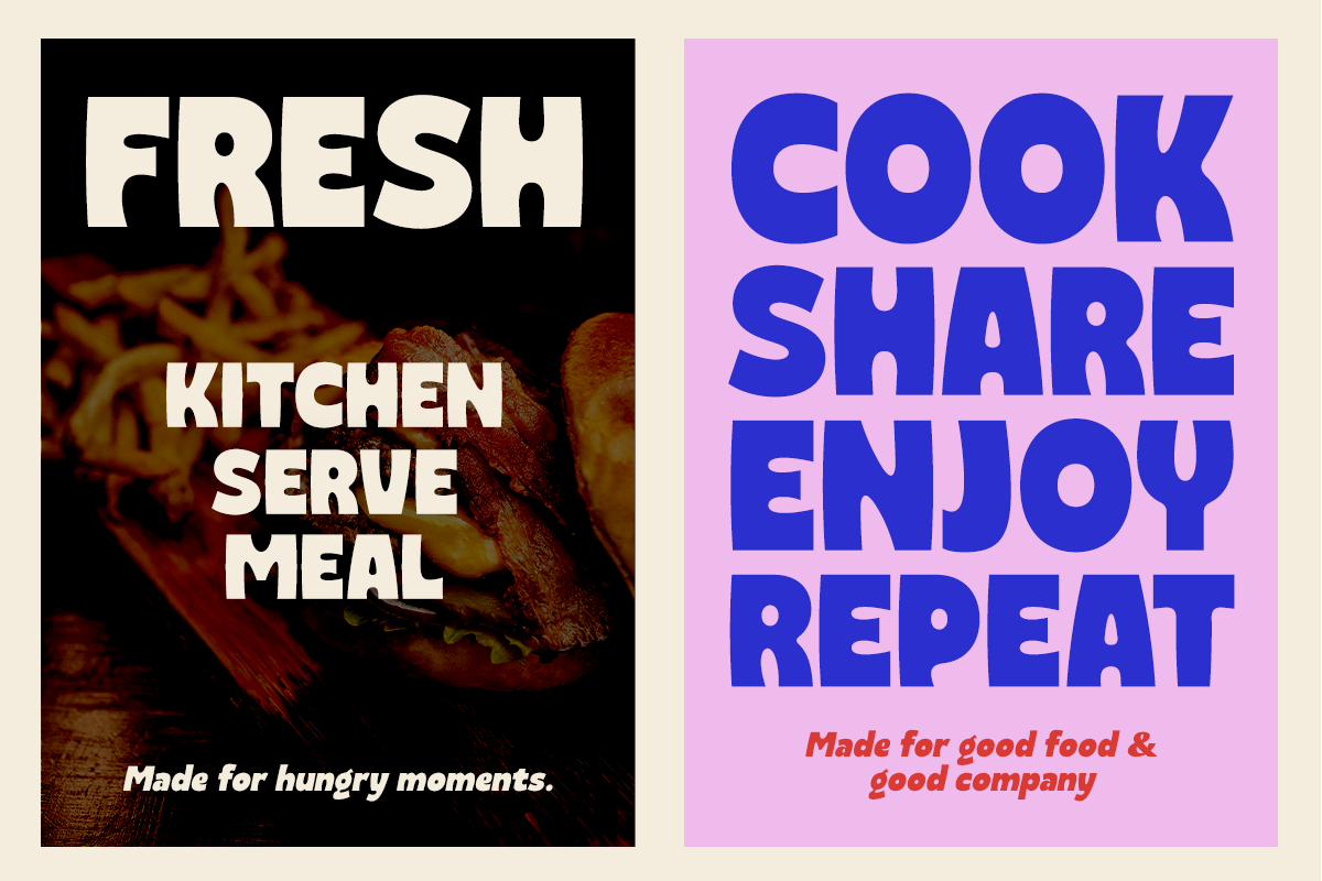 Bold food poster mockups with contrasting layouts, one dark moody food shot, one bright pink with blue typography