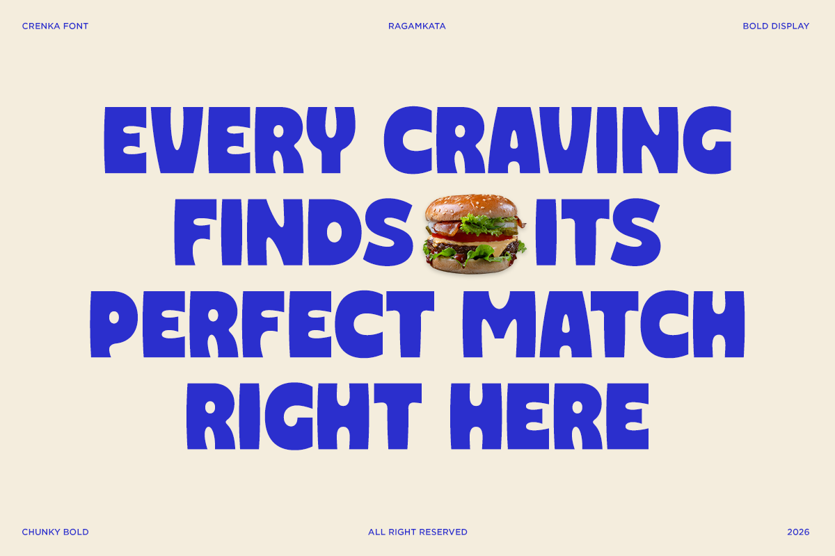 Bold blue Crenka font with burger emoji, playful food matching text on cream background