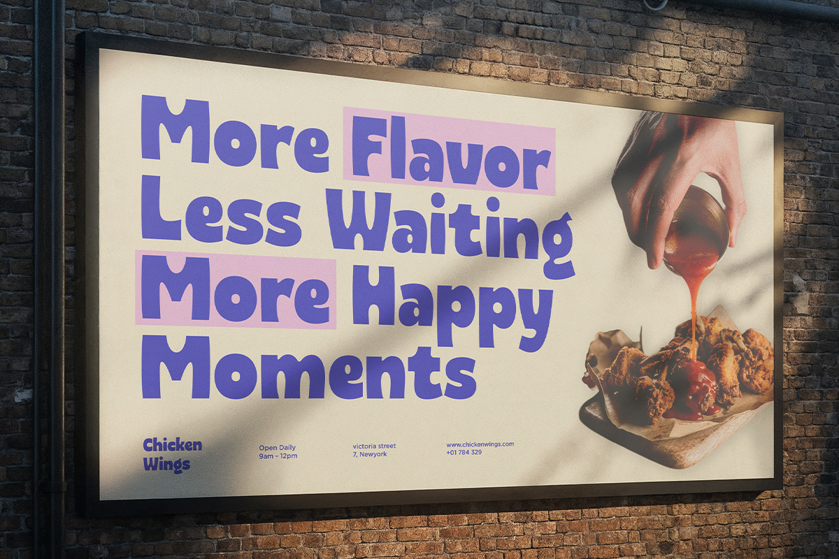 Chicken wings restaurant billboard mockup mounted on brick wall with sauce drip