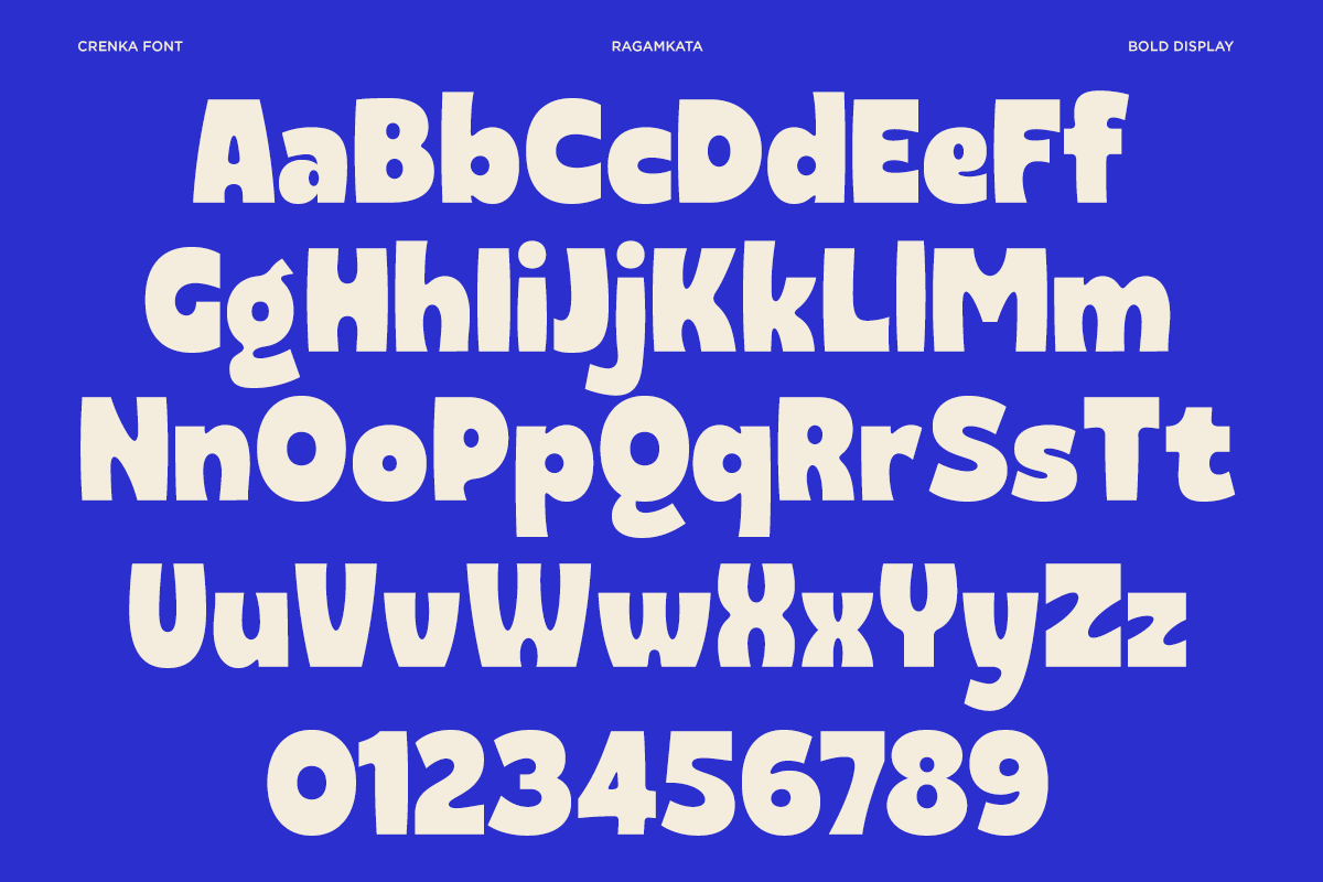 Creamy sans serif typeface with chunky letterforms on bright blue background