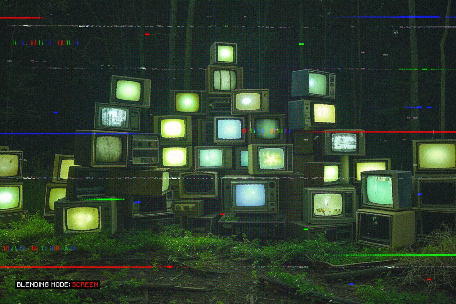 Stacked vintage CRT monitors glowing in dark forest with VHS glitch effects overlaid