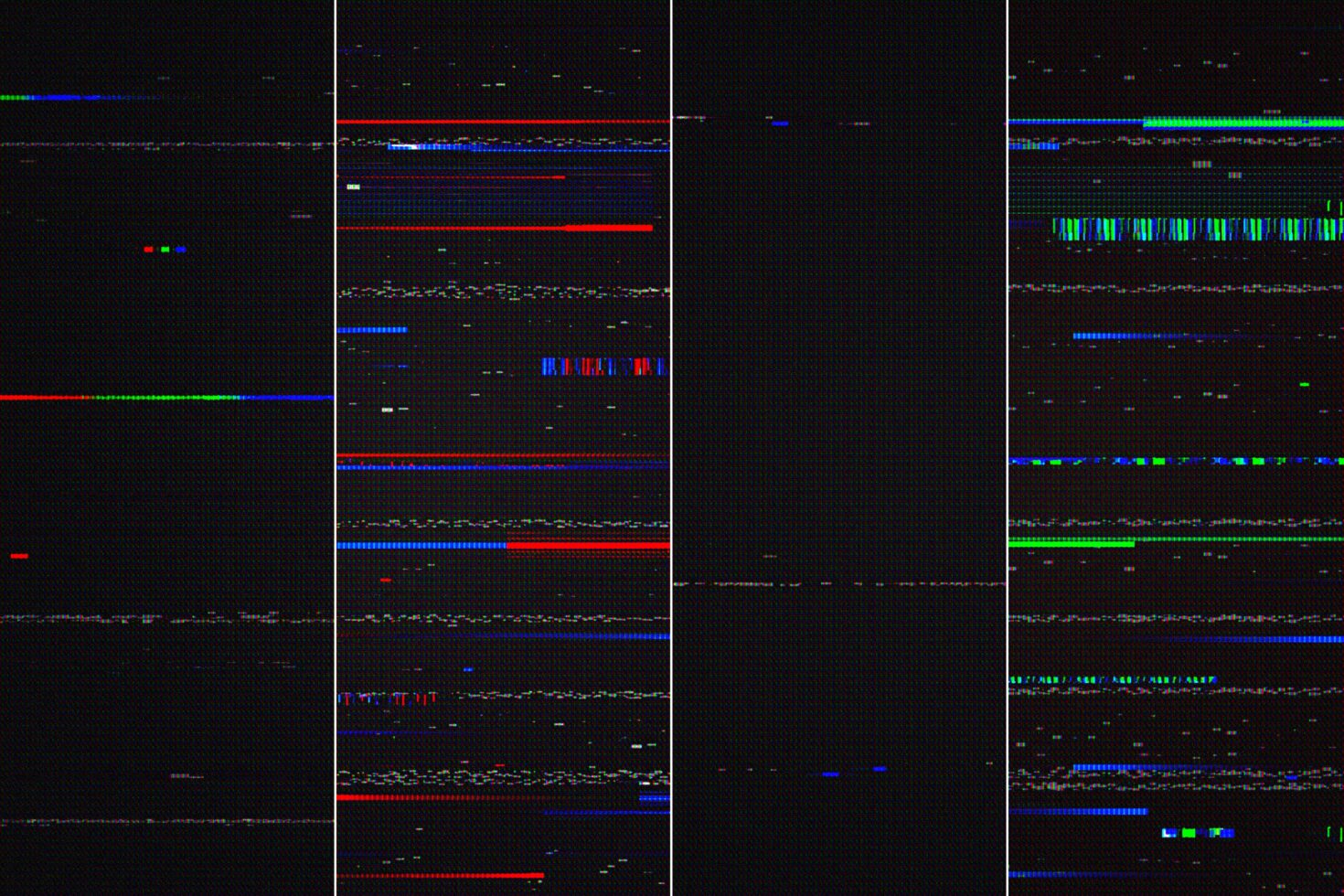 Glitchy VHS static with neon red, blue, green scan lines on black background