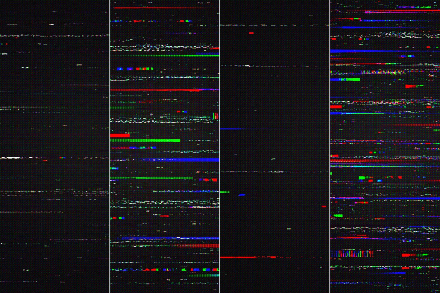 Glitchy RGB scan lines with neon colors bursting across dark digital noise texture