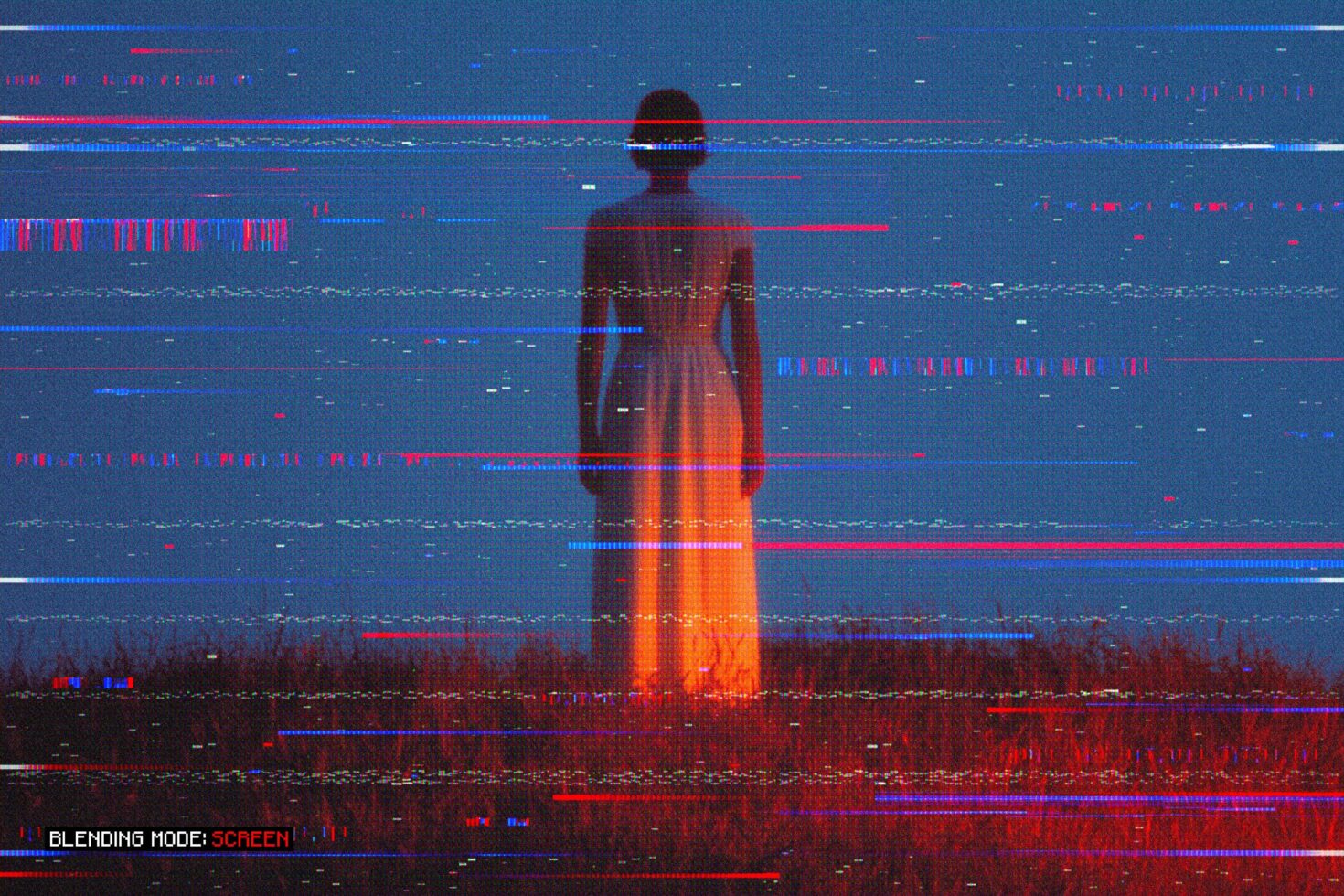 Glitchy figure with red to orange gradient against blue background with scan lines
