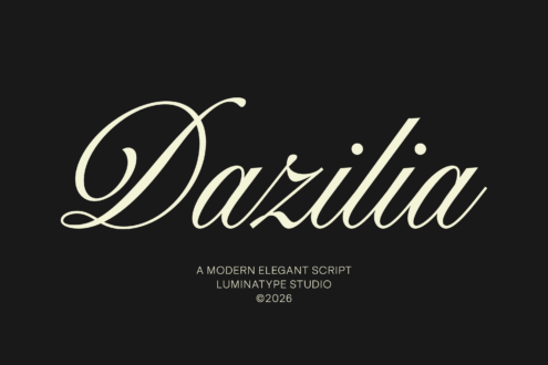 Dazilia elegant script font in cream on dark background with studio credit