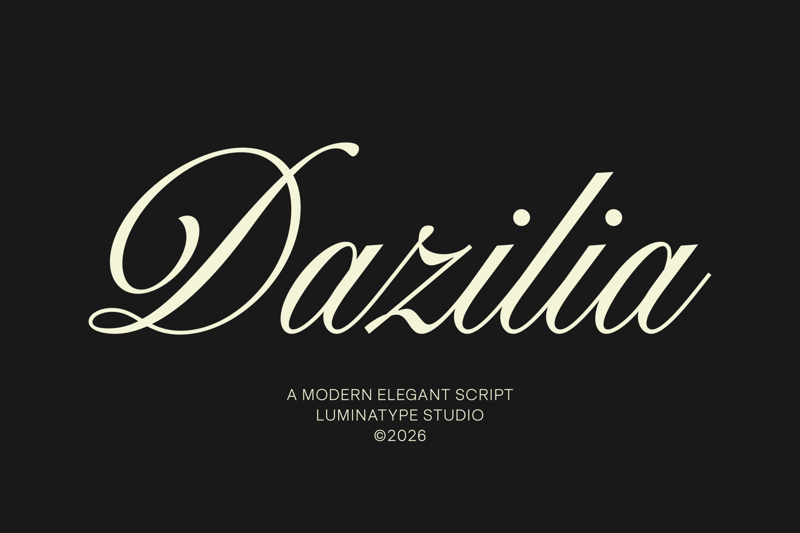 Dazilia elegant script font in cream on dark background with studio credit