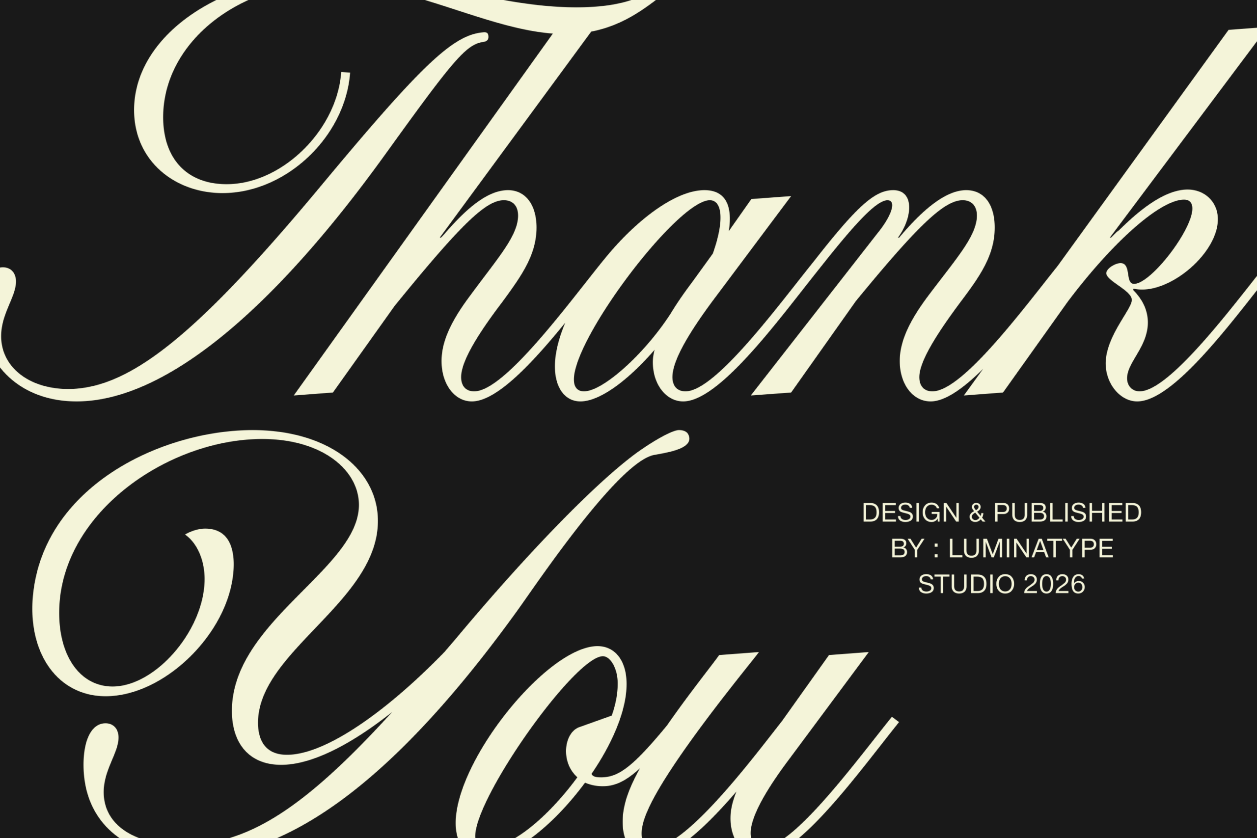 Elegant serif font in cream against black with designer credit text