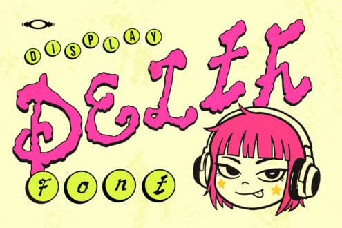 Bubbly pink anime girl with headphones, yellow circular text saying "Display Font" on pale background