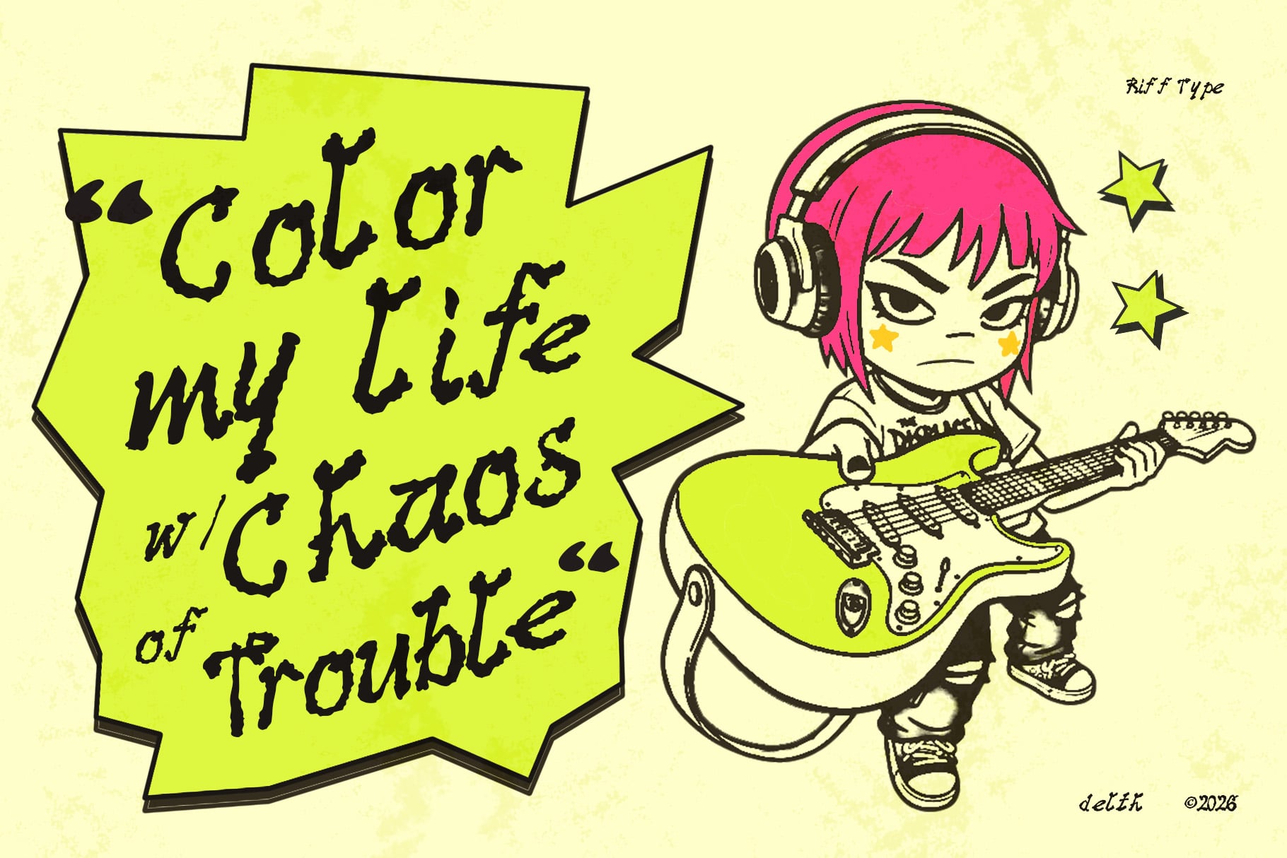 Punk rocker with hot pink hair, headphones, lime guitar next to neon speech bubble with rebellious quote