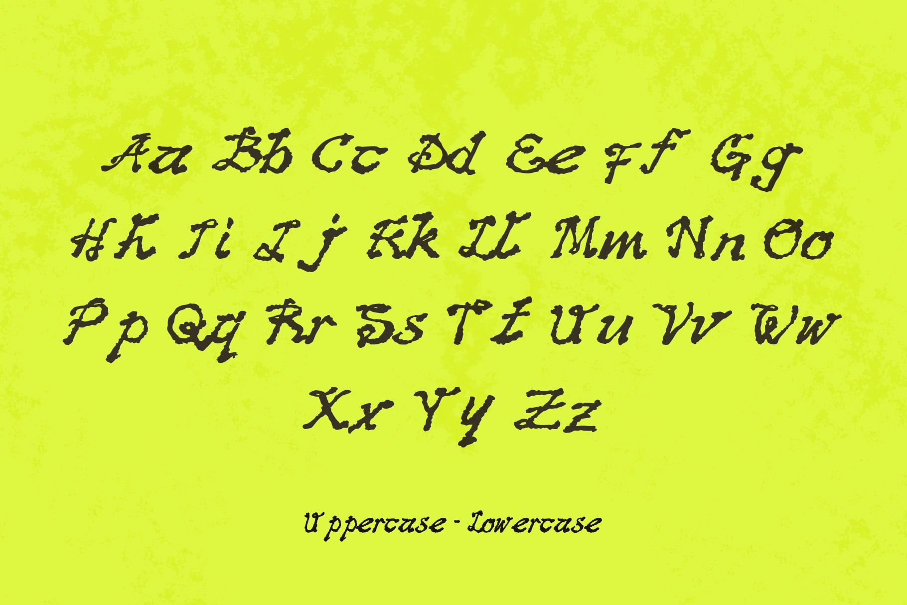 Handwritten script typeface showing full alphabet on bright neon yellow background