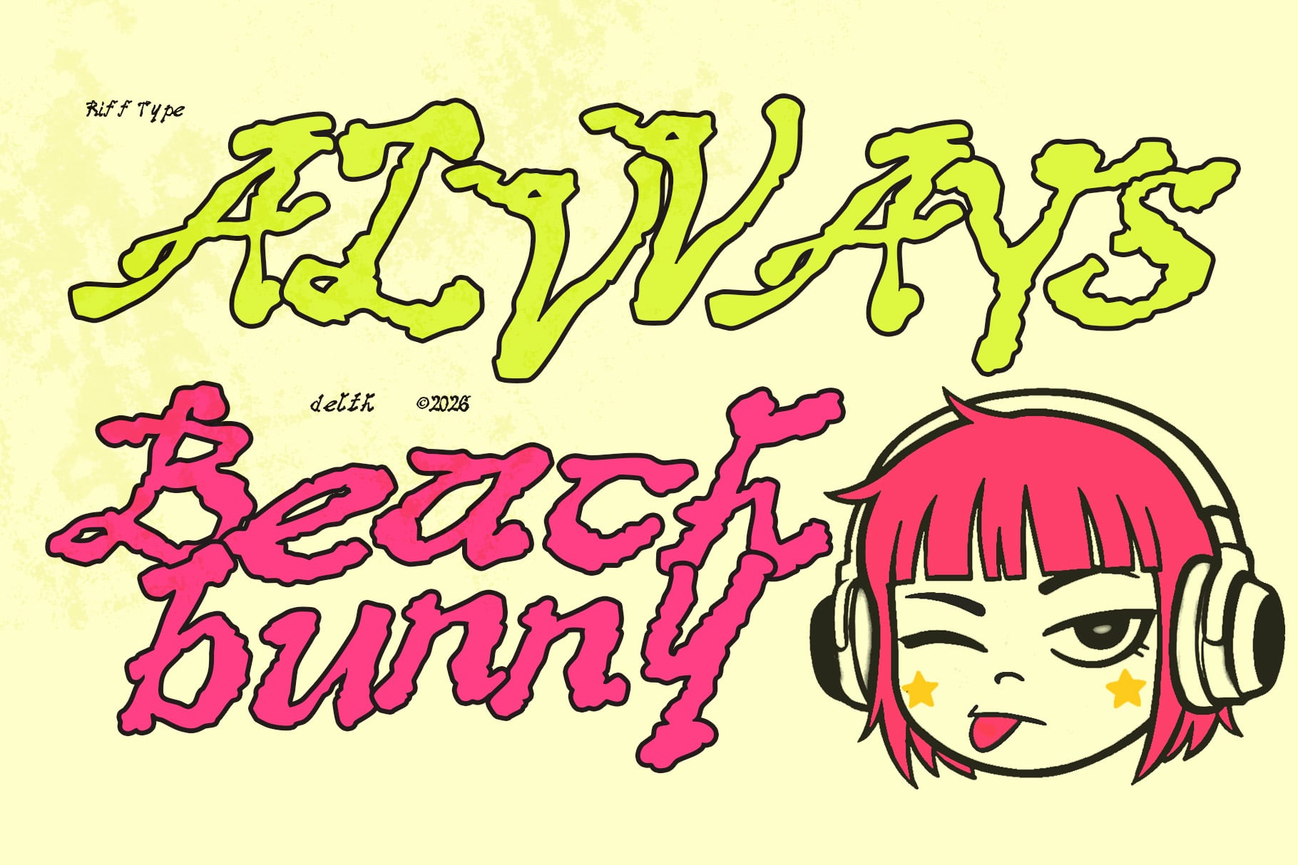 Riff Type font with wavy lime letters, pink Japanese text, anime girl character wearing headphones on cream background