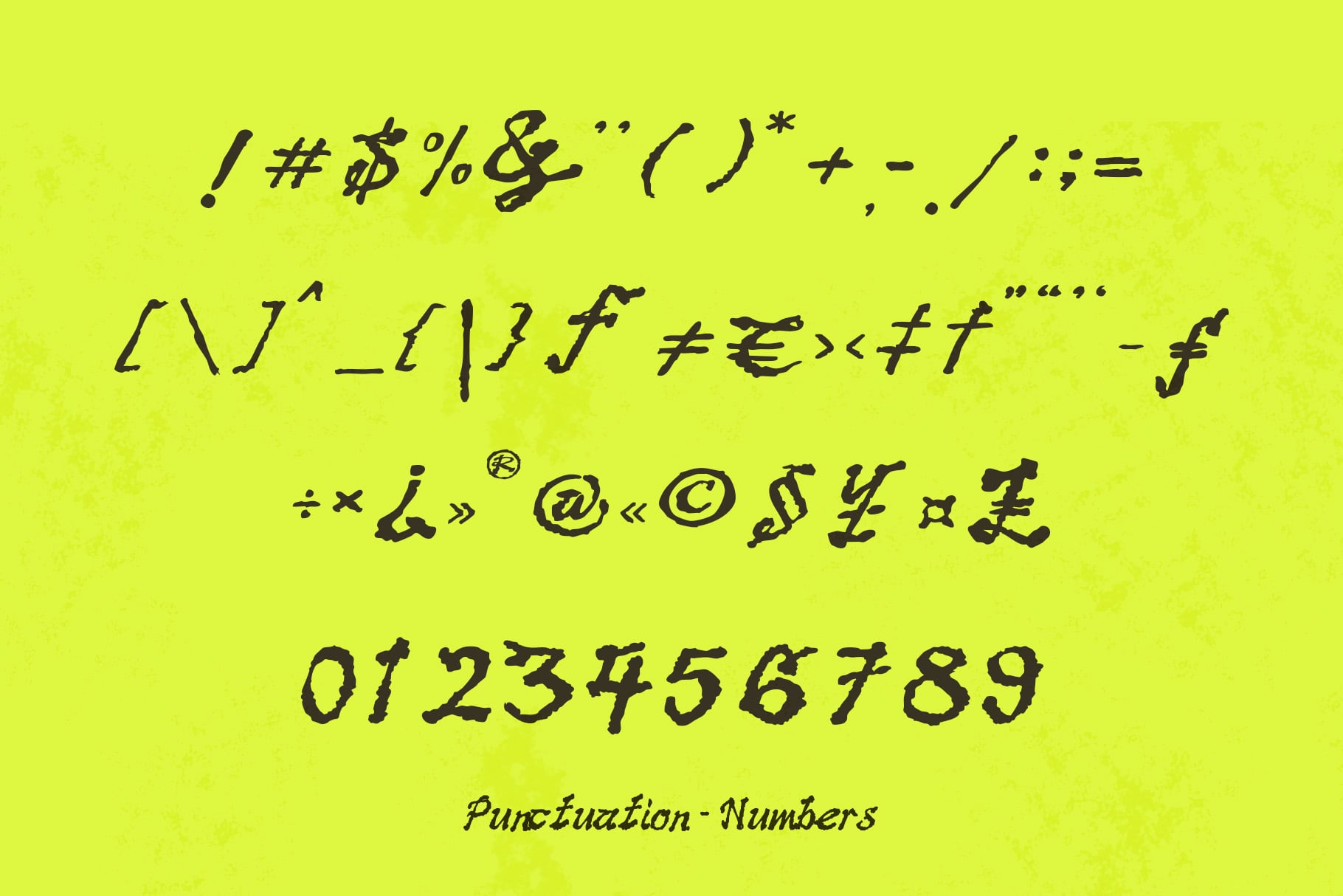 Neon yellow background with black handwritten font showing punctuation marks, symbols, numbers 0-9