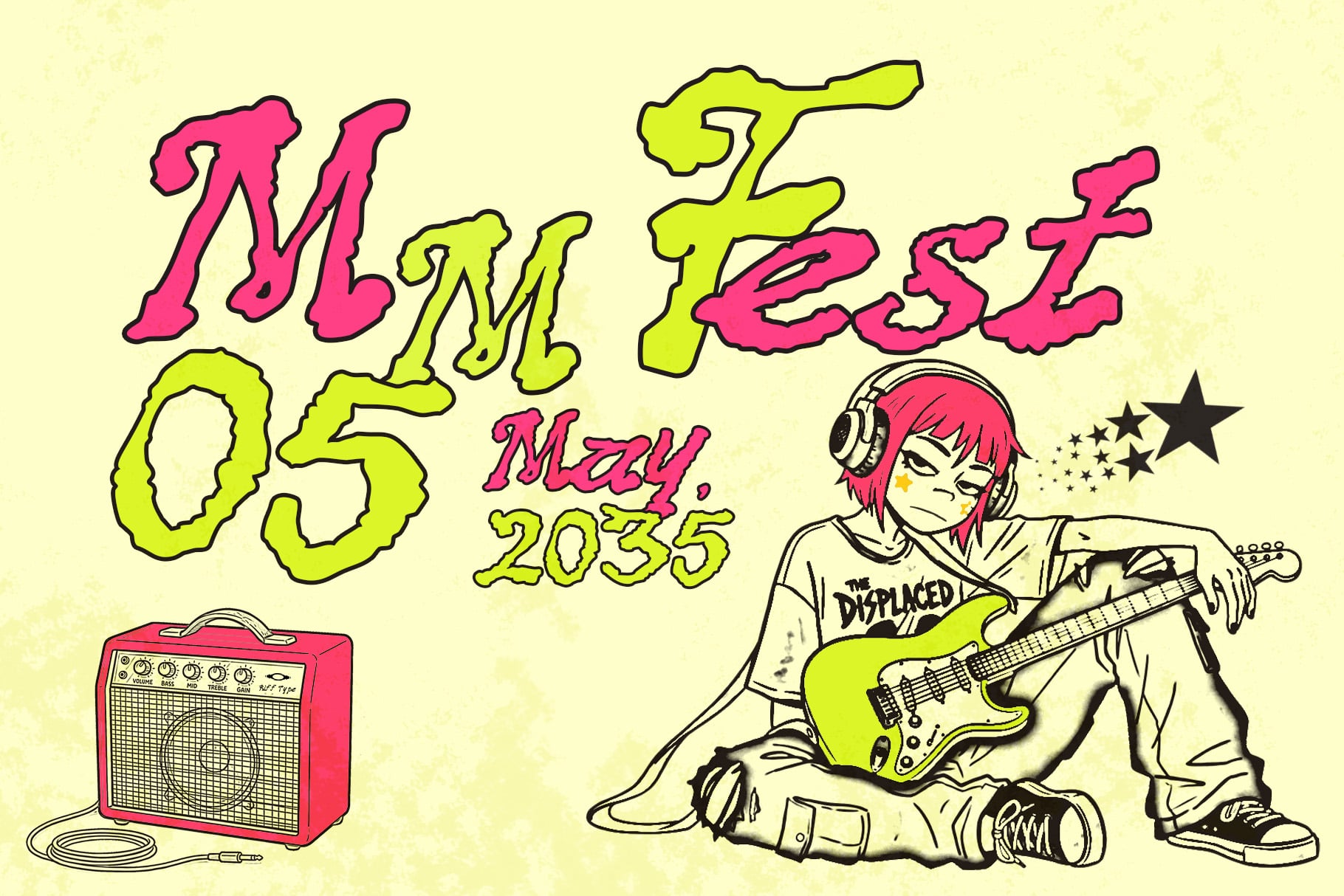 Retro anime character with pink hair playing neon yellow guitar next to red amp