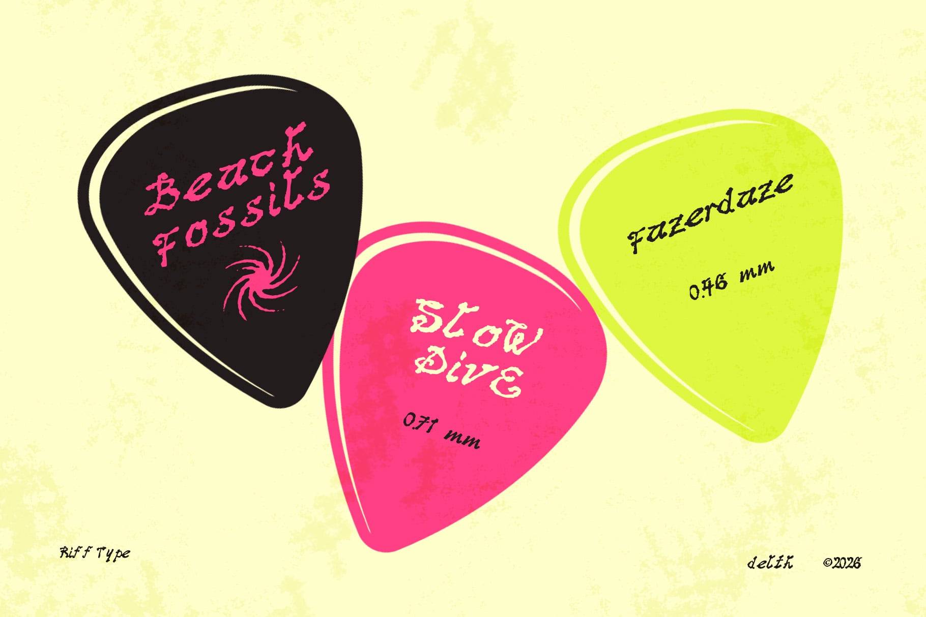 Three colorful guitar picks with playful italic text on cream background