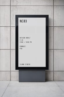 Framed poster mockup with black border on concrete tile wall, specs shown on white surface