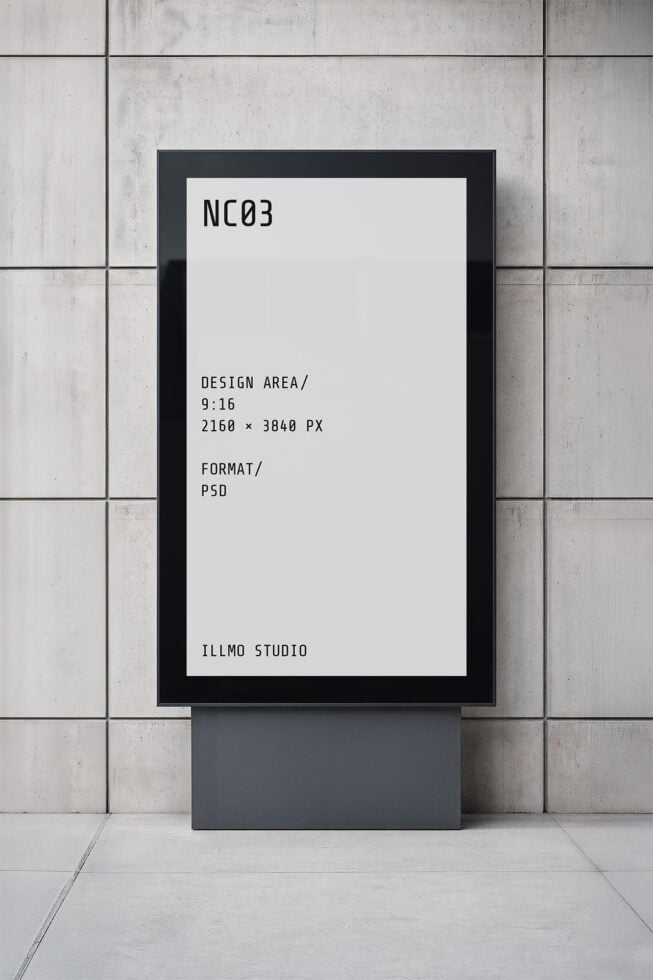 Framed poster mockup with black border on concrete tile wall, specs shown on white surface
