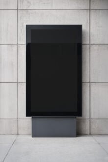 Black framed poster mockup standing against concrete tile wall with shadow