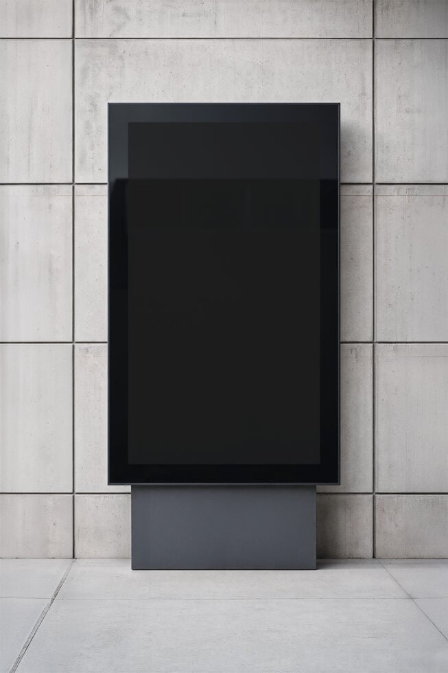Black framed poster mockup standing against concrete tile wall with shadow