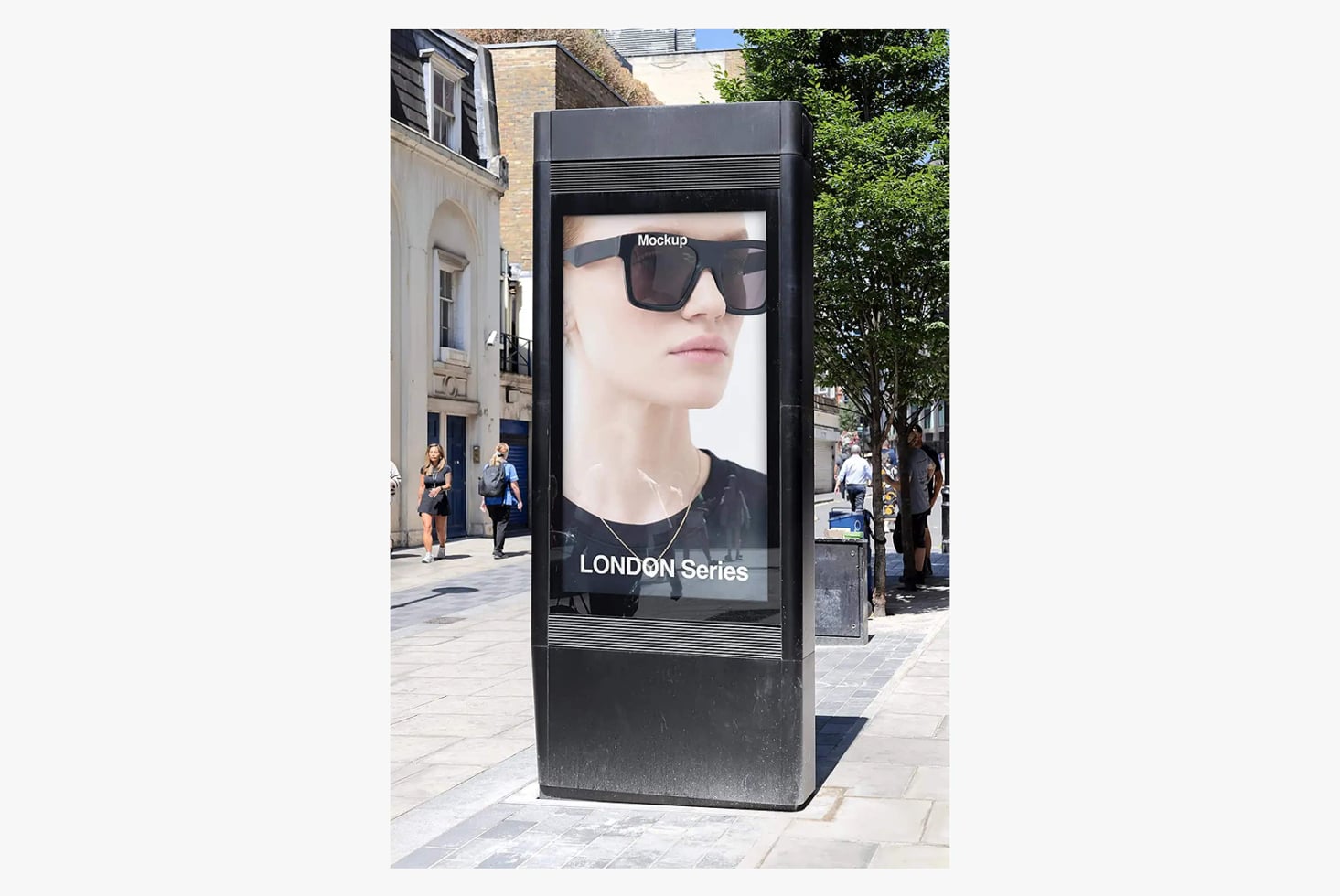 Street advertising kiosk mockup showing sunglasses campaign on digital display in urban setting