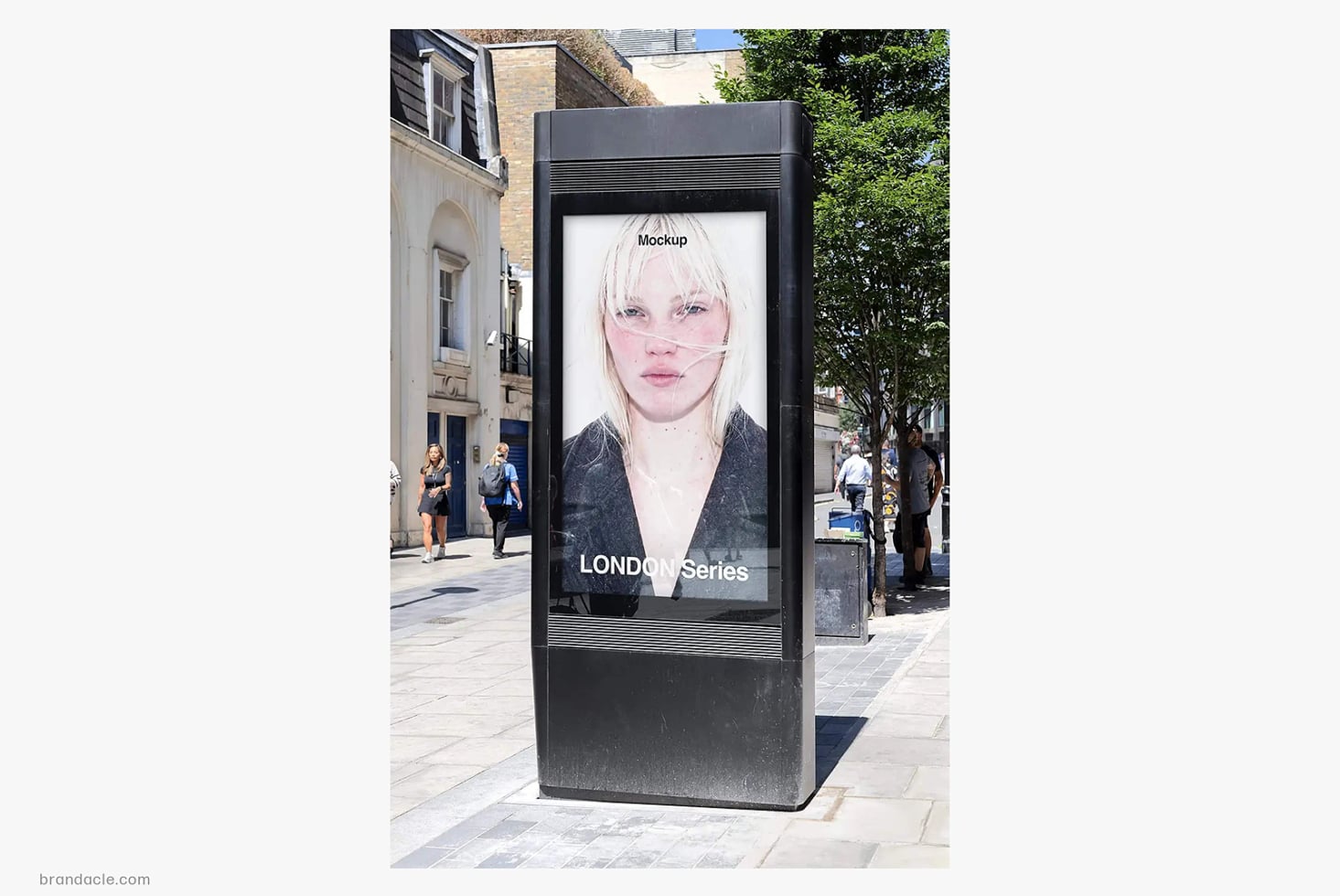Street advertising kiosk mockup displaying portrait photography with London Series branding on urban sidewalk