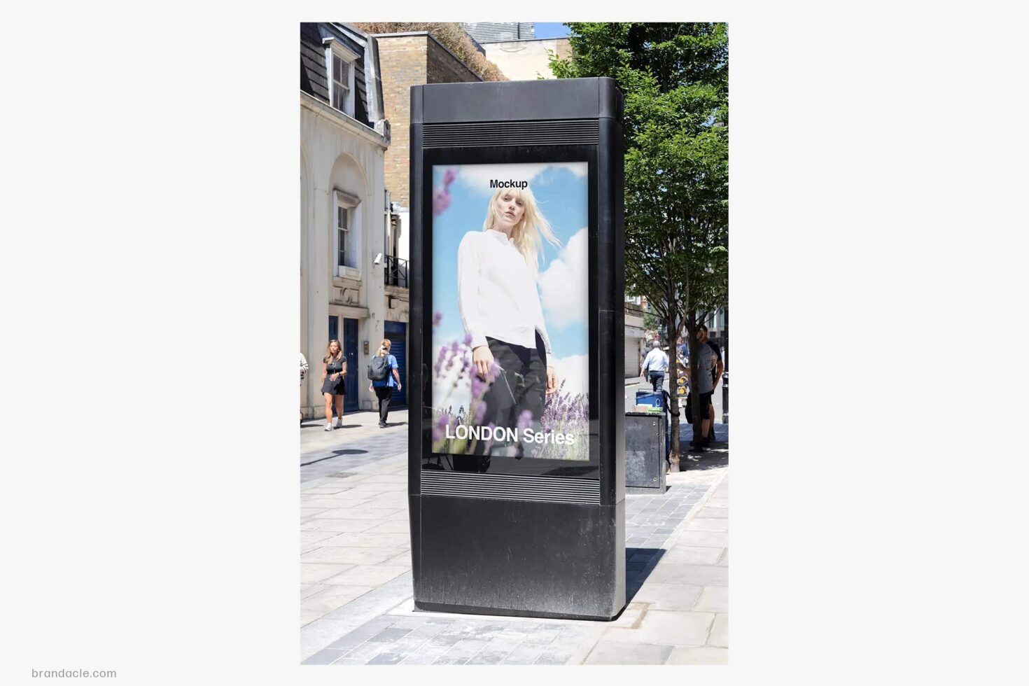 Black street advertising kiosk mockup on London sidewalk with fashion portrait display