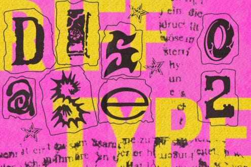 Bright neon pink with yellow blocky font letters, spiky graphics, stars, plus distressed textures