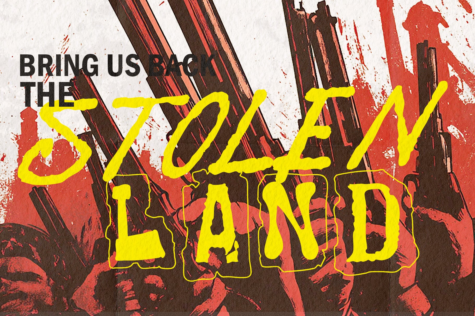 Grungy poster design with bold yellow handwritten text overlaid on red, brown, charred texture background