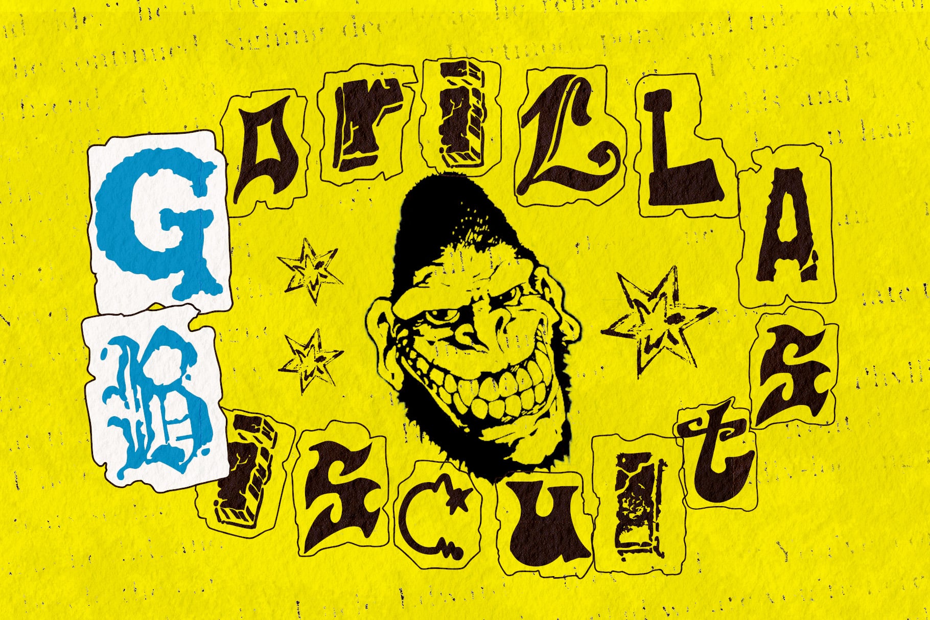 Grungy yellow poster with distressed black lettering, creepy grinning skull, stars, plus blue graffiti-style G logo on side