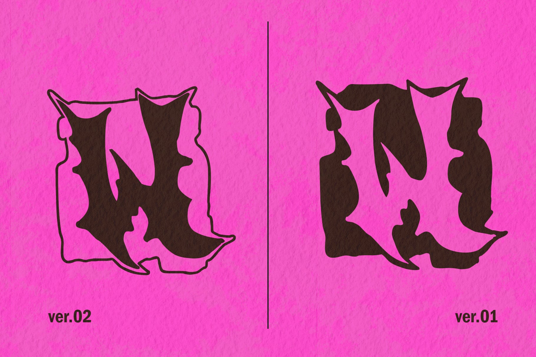 Two versions of abstract face silhouettes in dark brown outlined on bright pink background