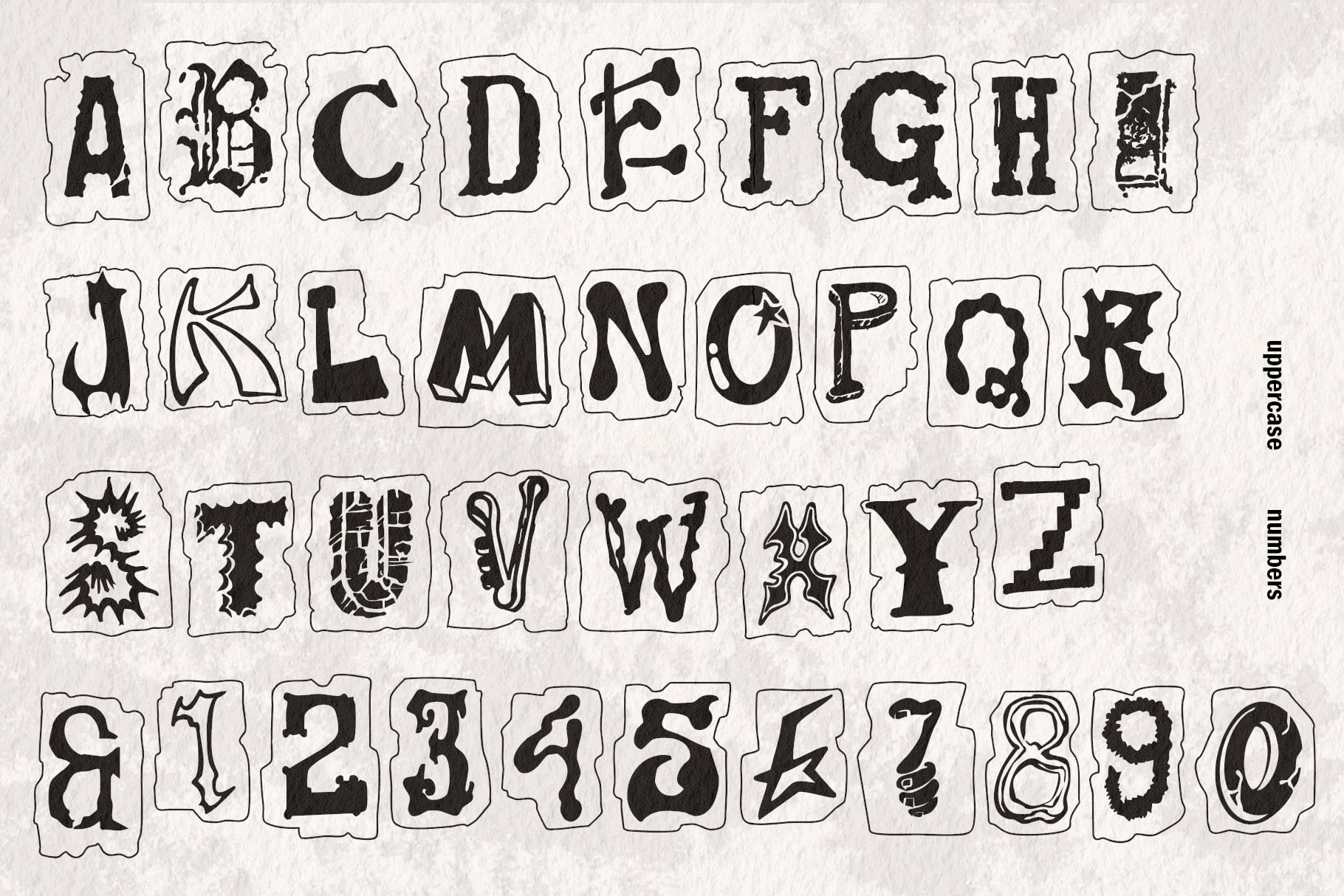 Grunge alphabet font with numbers in distressed stamp-style tiles, full character set