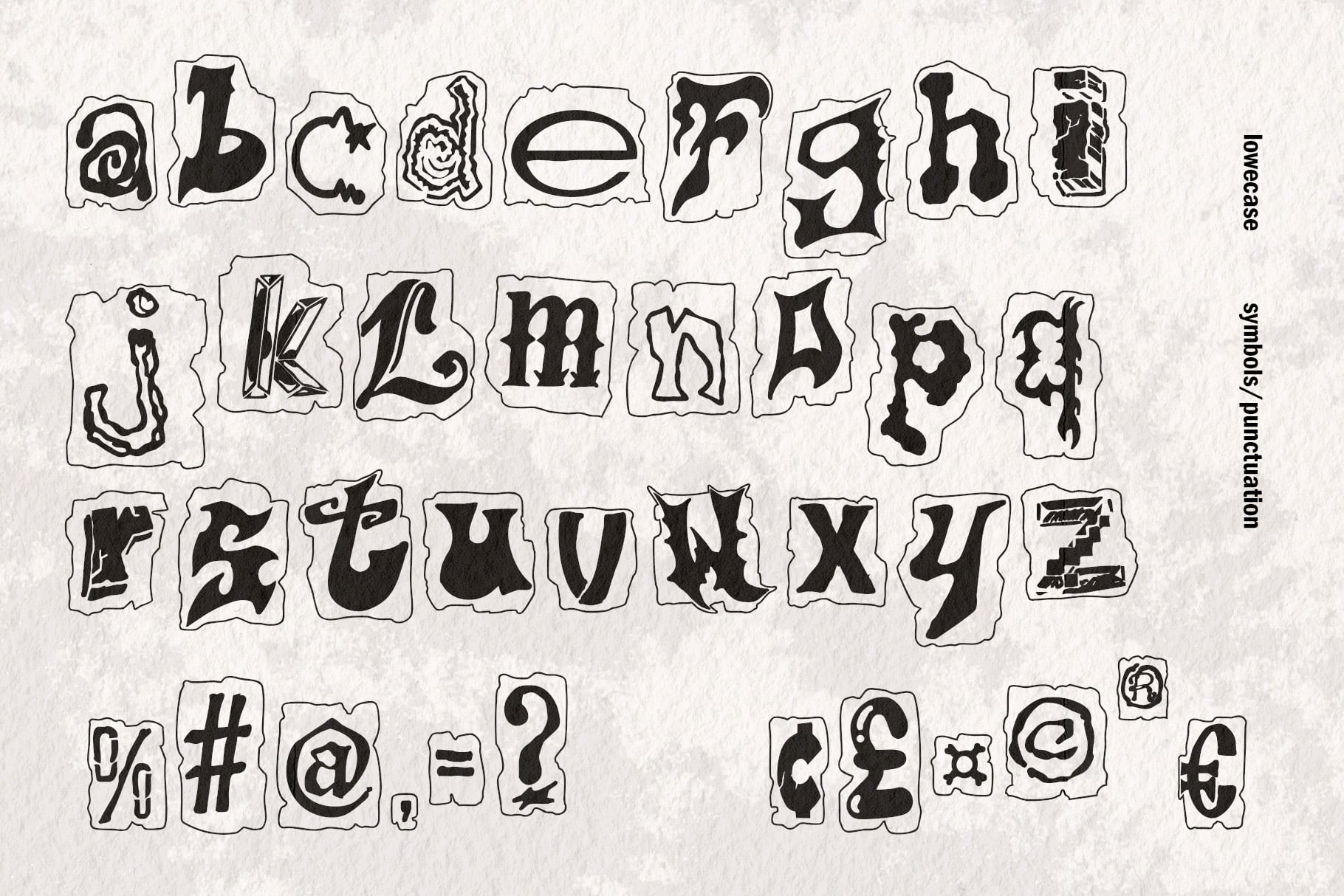 Lowercase font with wonky distorted letterforms in individual roughy-edged frames on cream paper