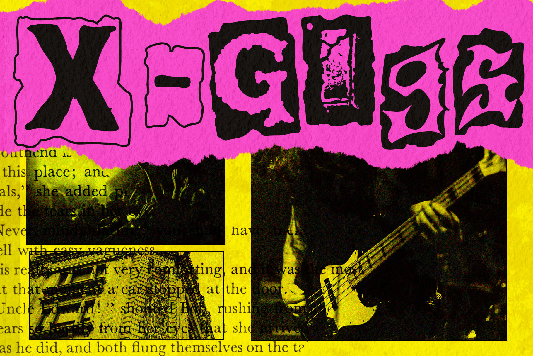 Bold neon punk poster with distressed black letters on hot pink, guitar photos in yellow, grungy collage vibe