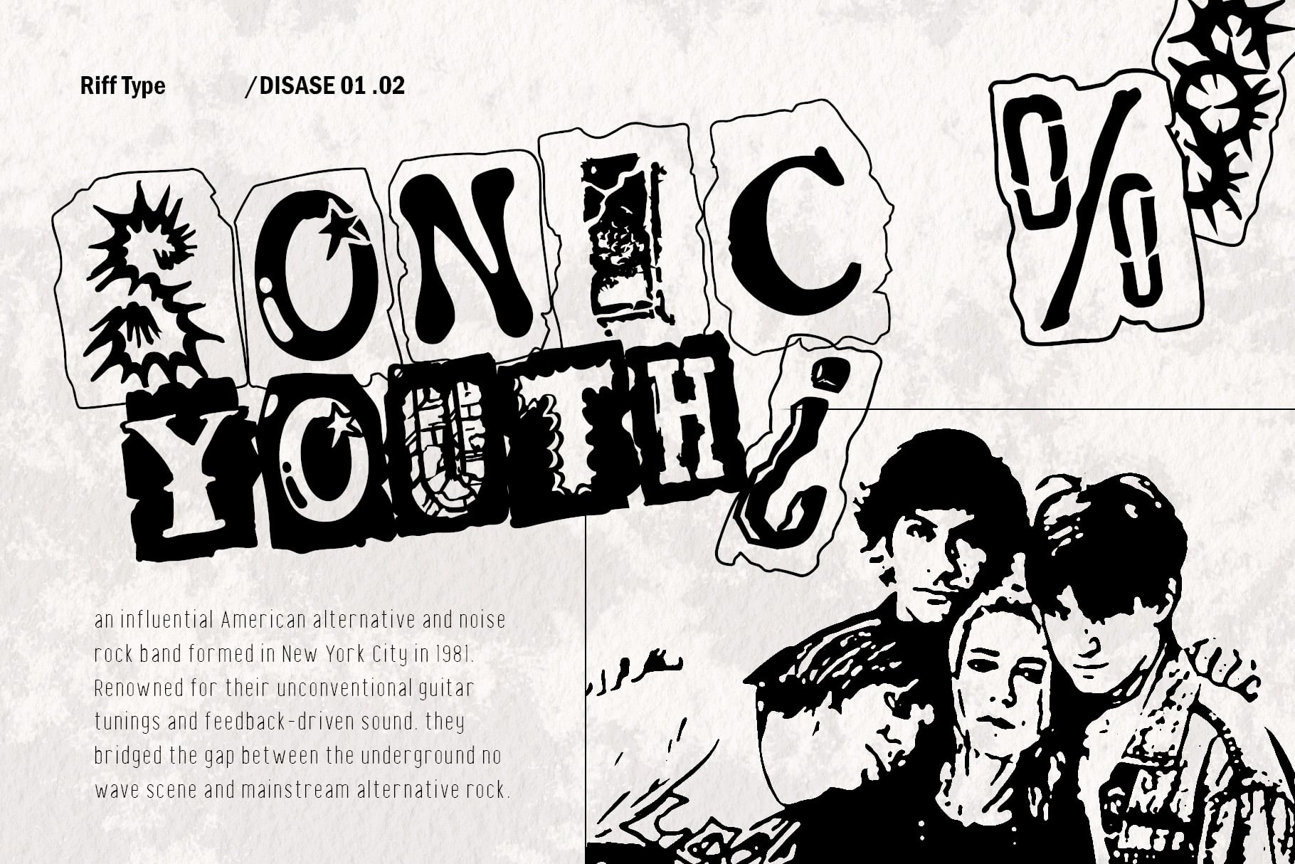 Sonic Youth band poster mockup with jagged letter frames, band photos, plus descriptive text on textured background