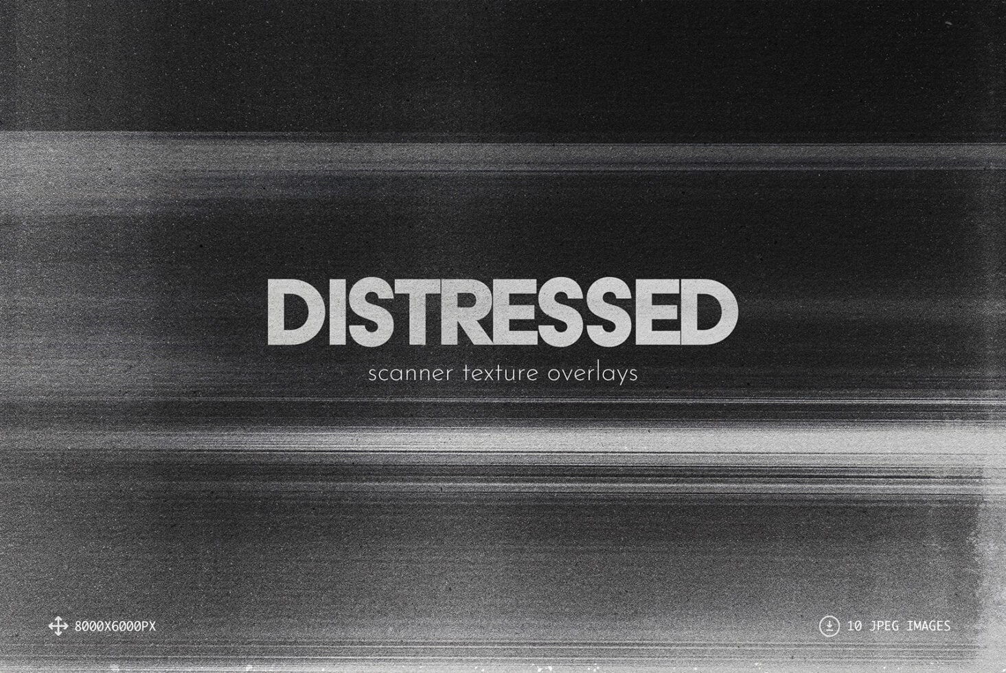 Distressed scanner texture overlays with grainy, glitchy black stripes on dark background