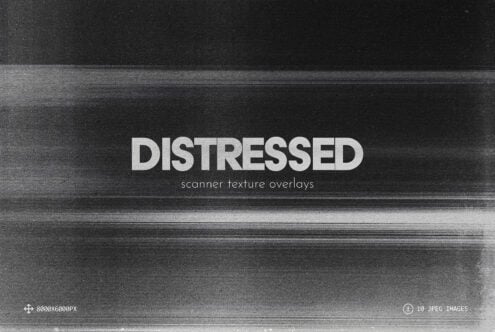 Distressed scanner texture overlays with grainy, glitchy black stripes on dark background