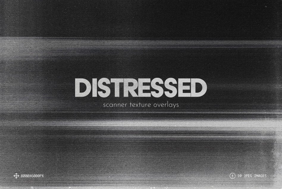 Distressed scanner texture overlays with grainy, glitchy black stripes on dark background