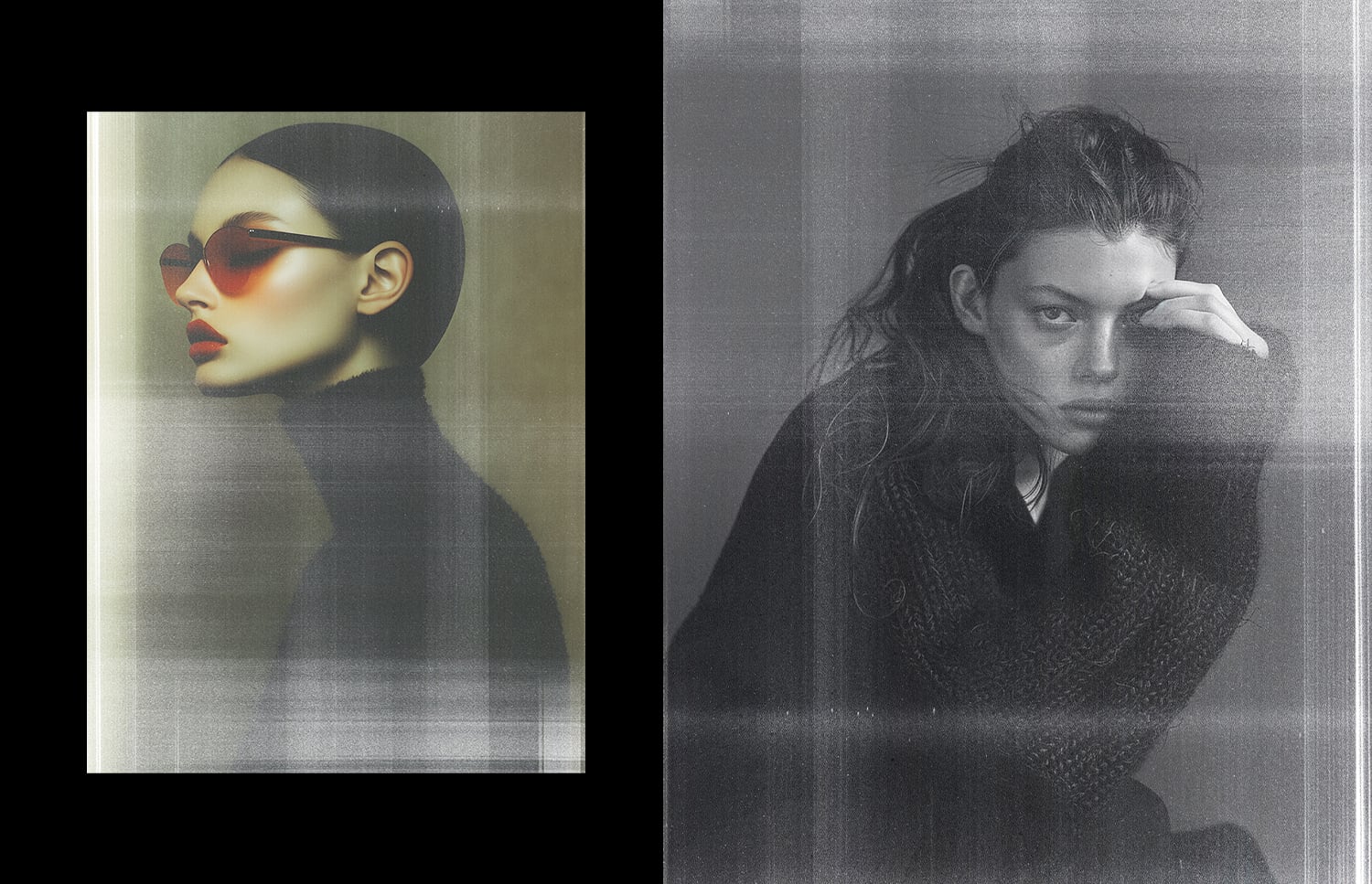 Moody portrait mockups with grainy texture, one stylized with sunglasses, one pencil sketch vibe
