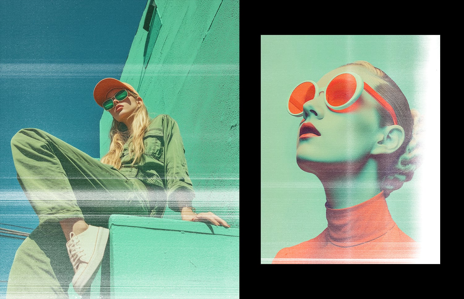 Retro pop art photo effect with vibrant mint, coral, neon overlays on portraits
