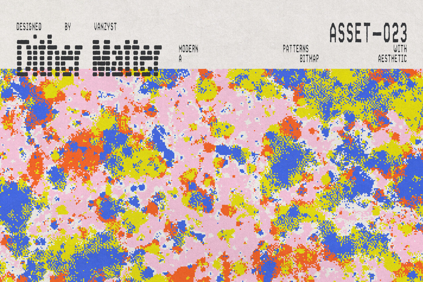 Colorful bitmap pattern with blue, yellow, red pixels on pink background, modern aesthetic