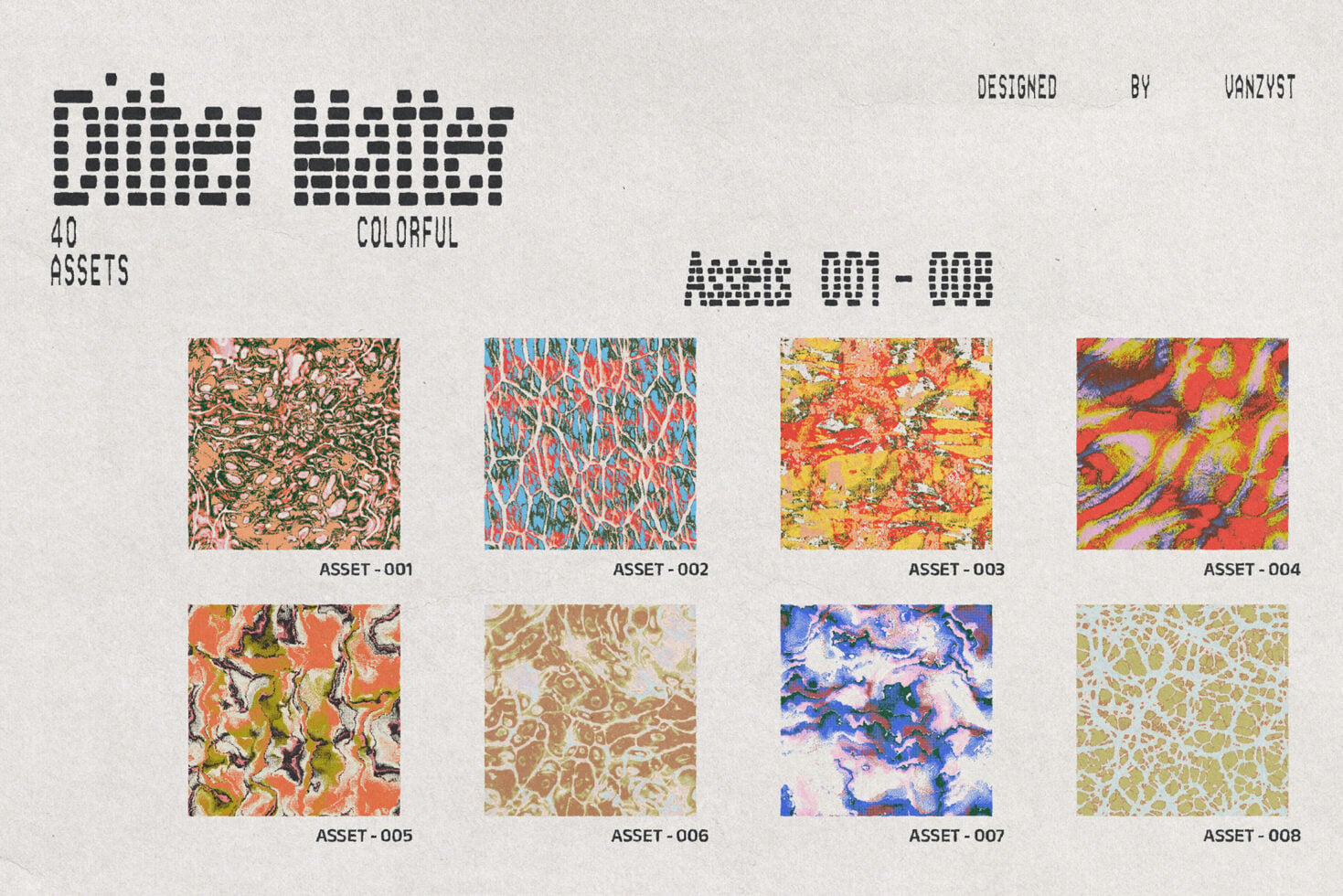 40 colorful abstract texture assets in vibrant patterns, organized layout by Vanzyst