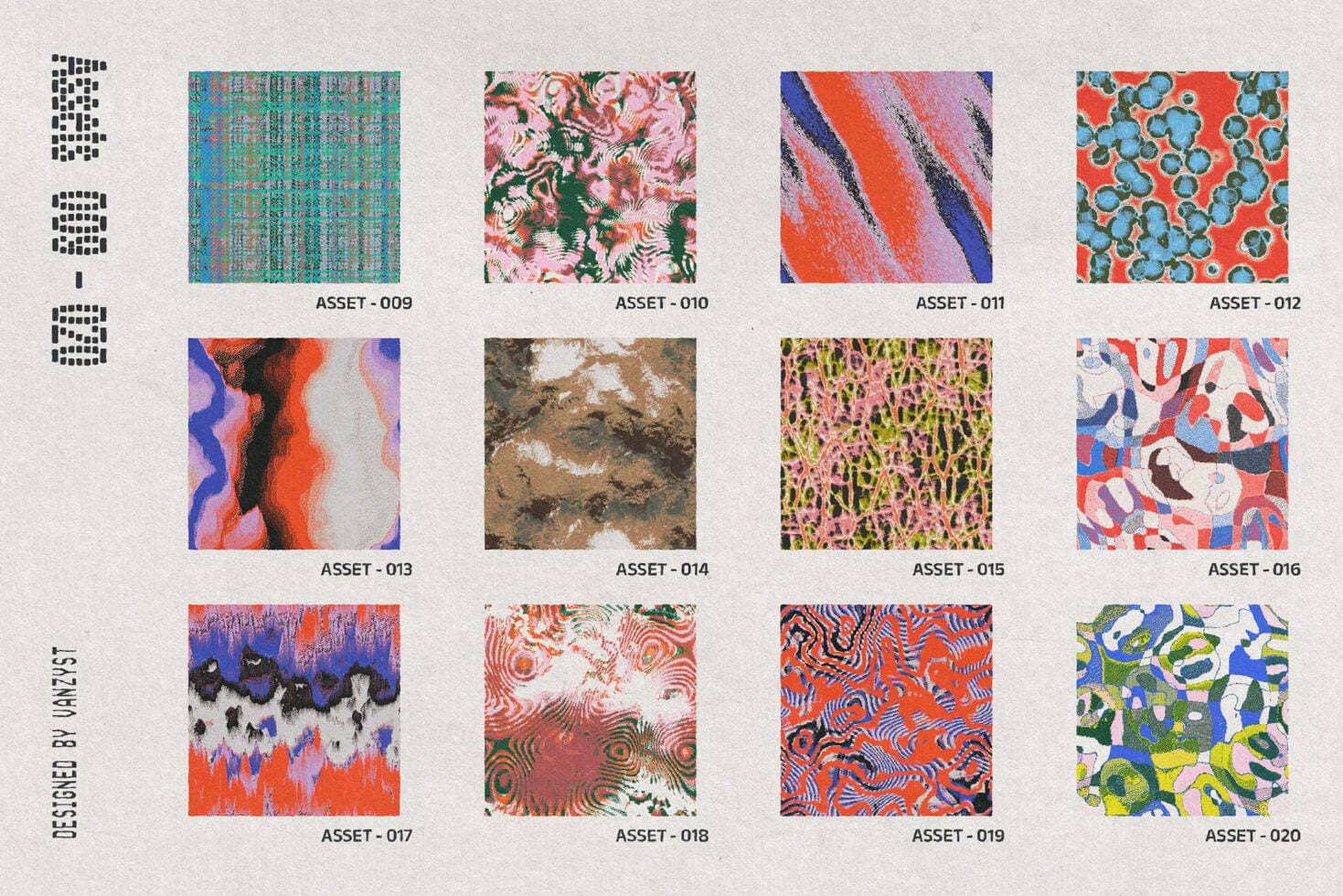Grid of 12 colorful pattern swatches ranging from geometric to organic, textures include florals, abstracts, plus solid colors