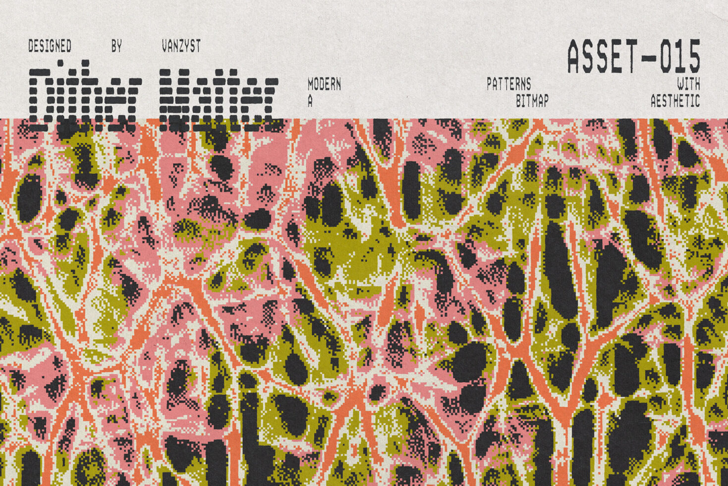 Pixelated bitmap pattern with coral, lime, black in organic flowing shapes by Vanzyst