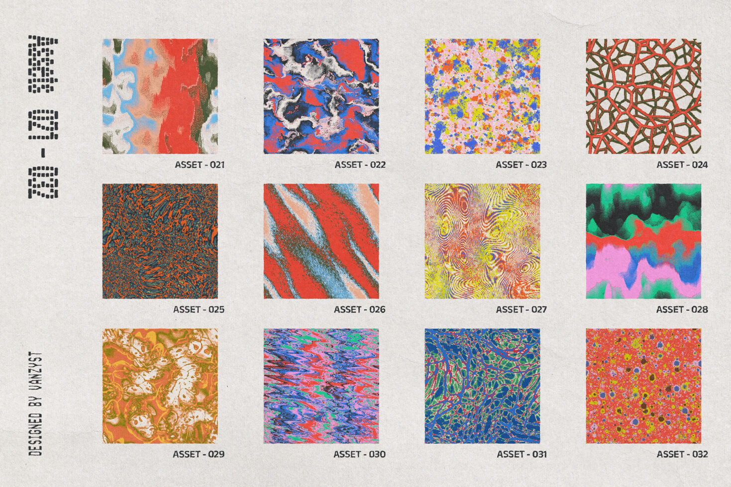 12 vibrant abstract pattern swatches with organic shapes, geometric designs, plus neon color combos
