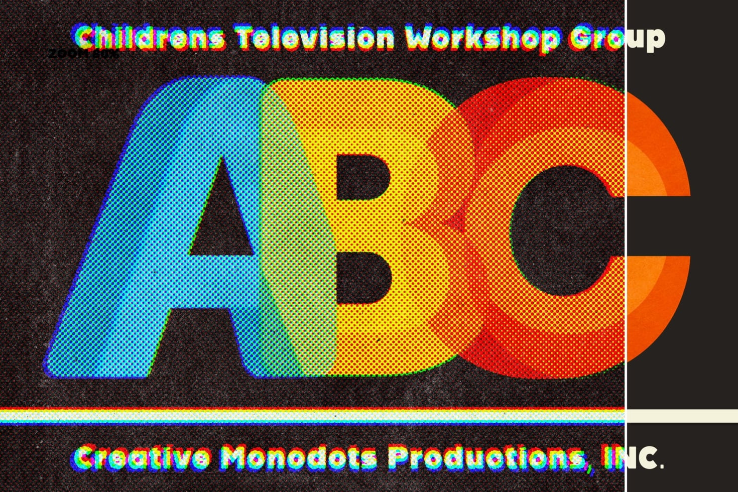 Retro TV static effect with neon rainbow gradient letters spelling out ABC logo