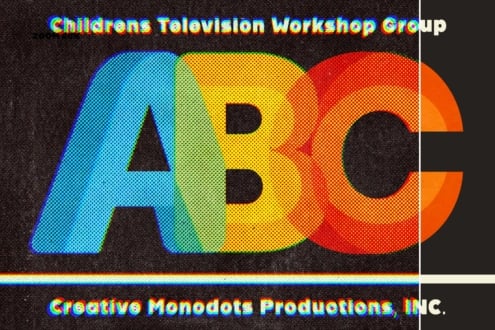 Retro TV static effect with neon rainbow gradient letters spelling out ABC logo